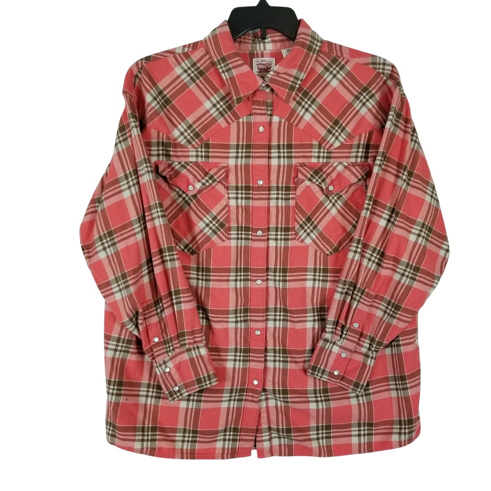 Levi Western Shirt Women 2X Pink Plaid Pearl Snap Cotton Button Down Long Sleeve